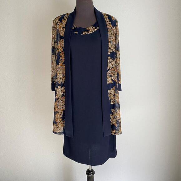R&M Richards sz 10P‎ paisley print navy metallic gold dress and jacket - Picture 4 of 13